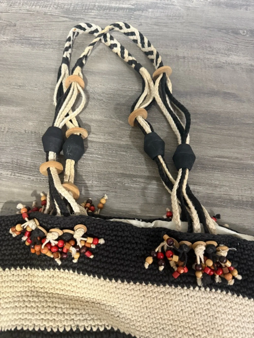 Saddie River Vintage Striped Black & Cream Crochet Beach Tote